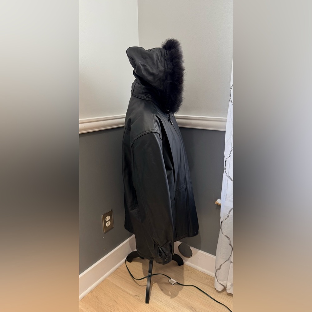 Amber Stone Black Hooded Leather Jacket with Fox Fur Trim Size Large - Picture 2 of 7